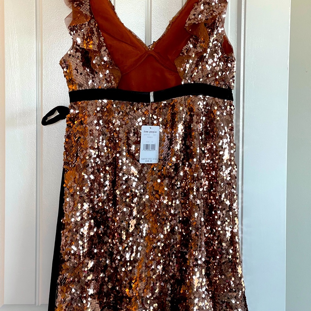 Free People Rose Gold Sequin Formal Evening Holiday Party Dress, Sz 12 - Picture 9 of 15